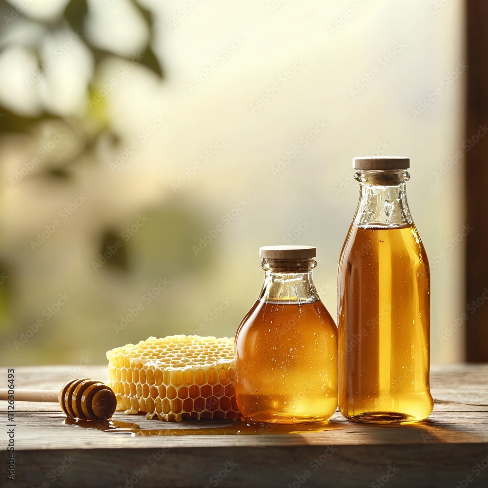 Showcasing Distinctive Honey Bottles Round and Hexagonal Shapes in an Artisan Kitchen Setting for Culinary Enthusiasts Showcasing Distinctive Honey Bottles Round and Hexagonal Shapes in an Artisan Kitchen Setting for Culinary Enthusiasts