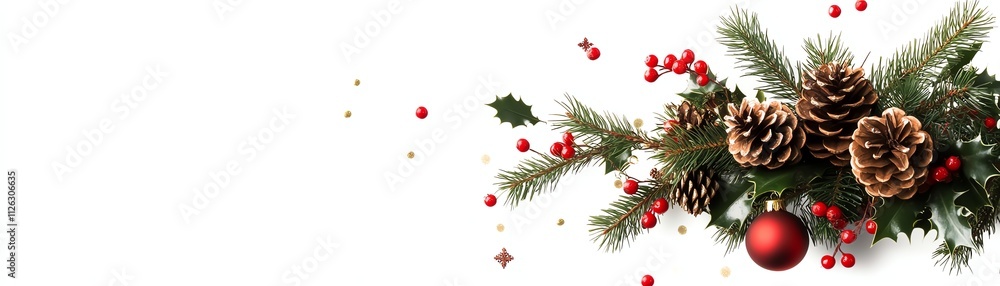 Festive arrangement of pine cones, berries, and ornaments on a white background. Festive arrangement of pine cones, berries, and ornaments on a white background.