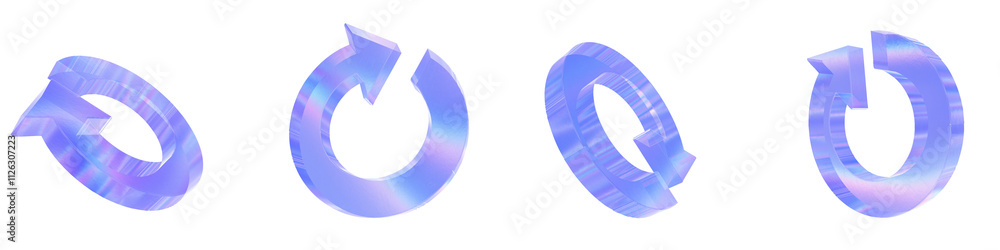 Set of 4 3d glass redo arrow shape with aberration effect isolated on a transparent background. Blue tone. 3d transparent elements for graphic design. Set of 4 3d glass redo arrow shape with aberration effect isolated on a transparent background. Blue tone. 3d transparent elements for graphic design.