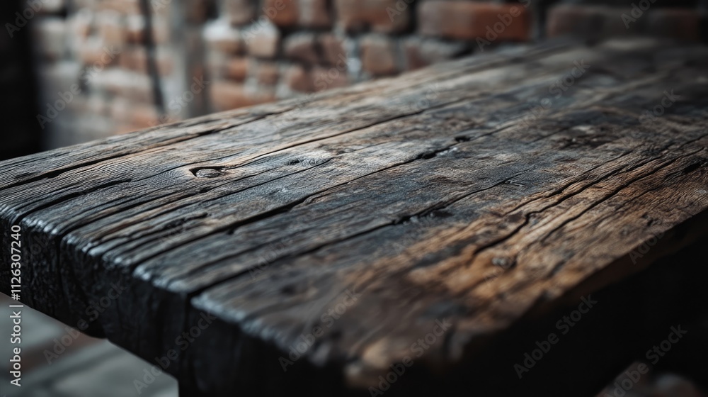 Fototapeta premium Detailed texture of a weathered wooden table, with a soft, blurred brick background providing contrast and enhancing the rustic feel.