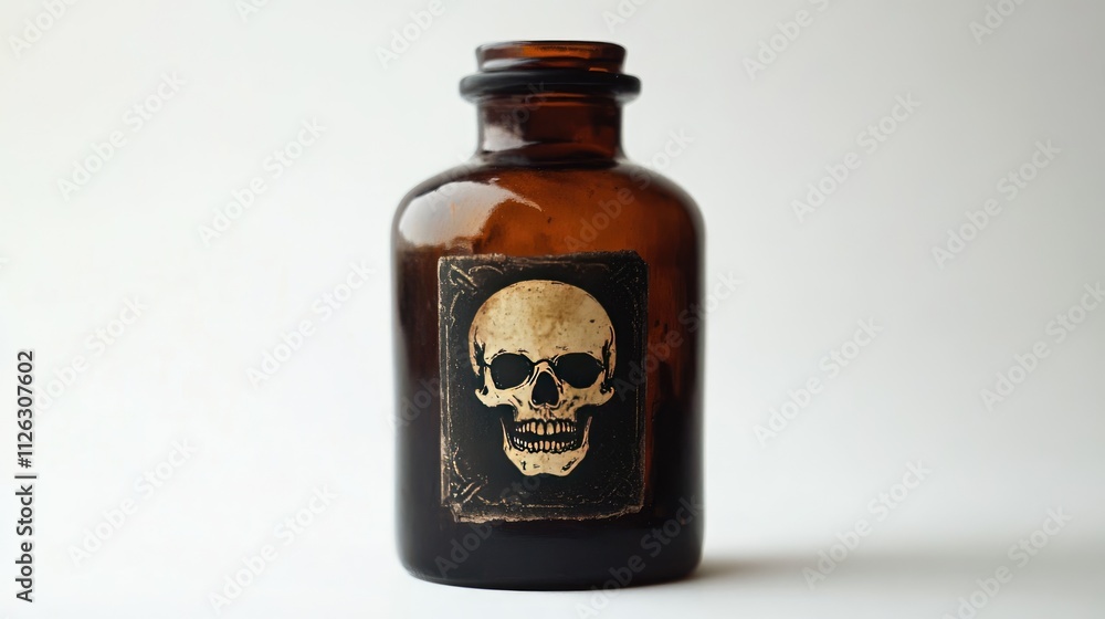 Eerie close-up of a dark brown tinted poison bottle with a skull label, placed on a bright white background, for a dramatic and aged look Eerie close-up of a dark brown tinted poison bottle with a skull label, placed on a bright white background, for a dramatic and aged look