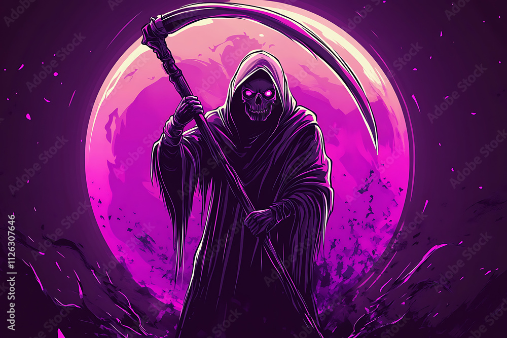 A skeletal figure in a hooded cloak holds a scythe against a vibrant purple moon backdrop. A skeletal figure in a hooded cloak holds a scythe against a vibrant purple moon backdrop.