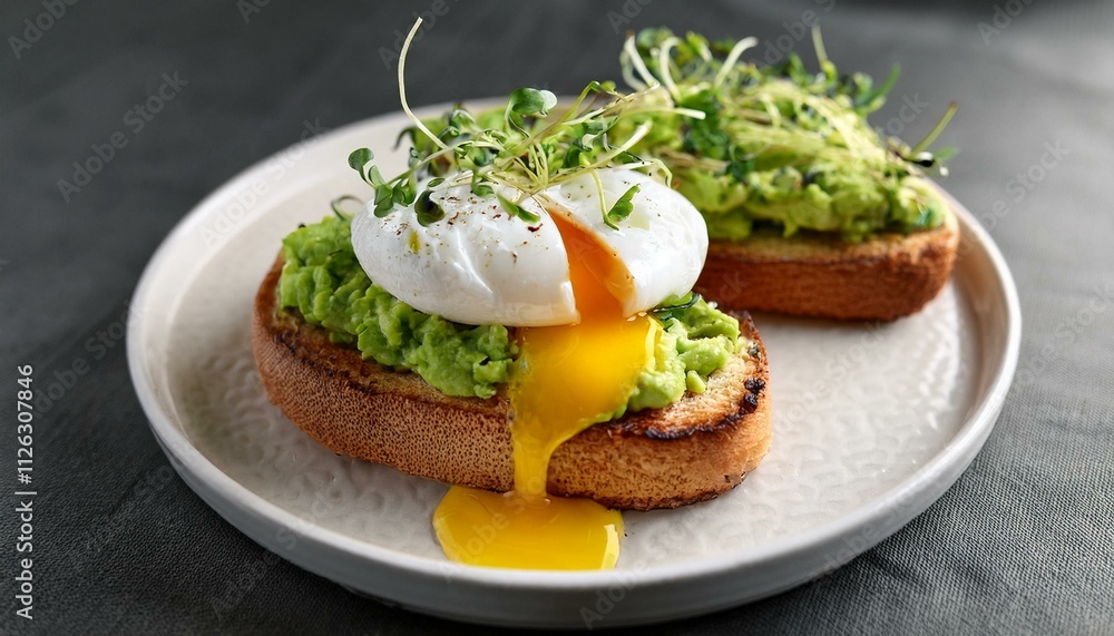 Generated image Gourmet avocado toast is presented on a plate, featuring a runny poached egg Generated image Gourmet avocado toast is presented on a plate, featuring a runny poached egg