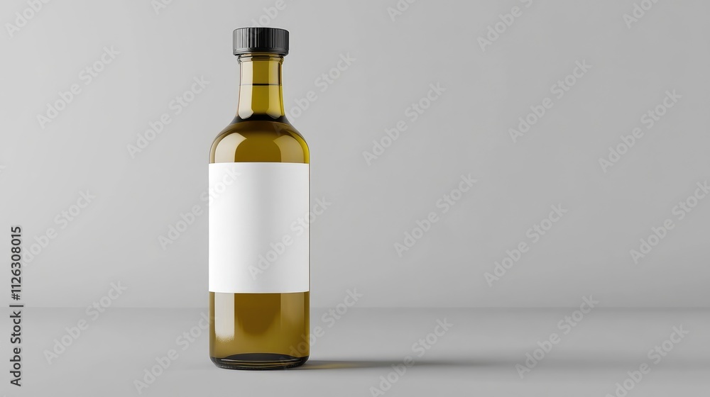 Elegant olive oil bottle with a blank white label, set on a smooth grey backdrop, perfect for brand mockups and advertisements. Elegant olive oil bottle with a blank white label, set on a smooth grey backdrop, perfect for brand mockups and advertisements.
