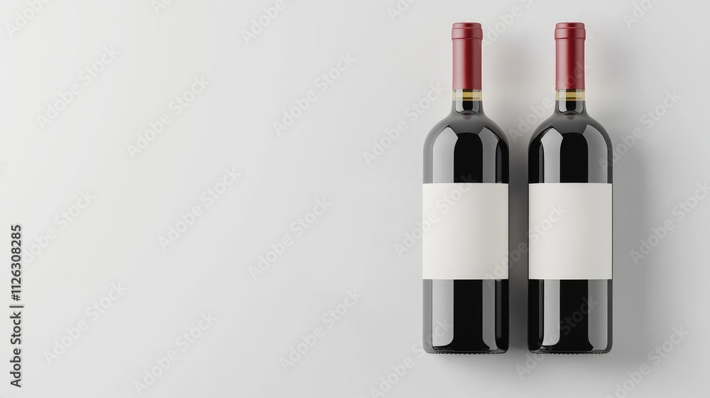 Elegant red and white wine bottles with blank labels, placed on a clean white background, ideal for brand customization and advertising use. Elegant red and white wine bottles with blank labels, placed on a clean white background, ideal for brand customization and advertising use.