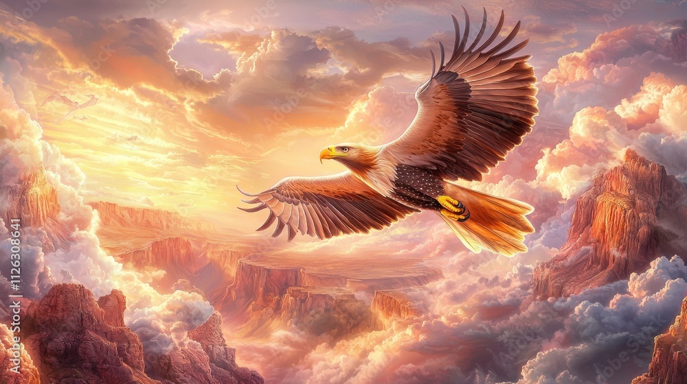 Obraz premium Exotic animal influencer concept. Majestic eagle soaring through vibrant, colorful clouds at sunset