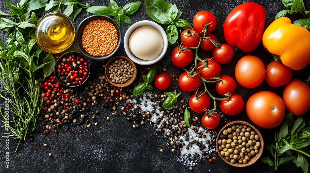 Fresh vegetables on a wooden table with ripe tomatoes, peppers, and leafy greens for a healthy salad Fresh vegetables on a wooden table with ripe tomatoes, peppers, and leafy greens for a healthy salad