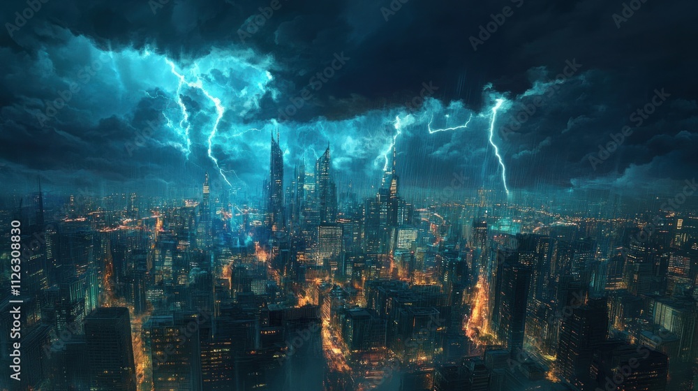 Fototapeta premium Cityscape during a thunderstorm, dark clouds and rain, dramatic lighting, 