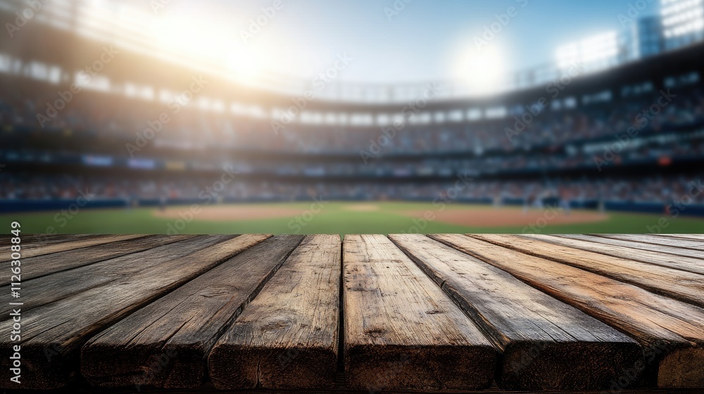 Focus on a rustic wooden table with a blurred baseball stadium in the background, capturing the lively and energetic atmosphere. Focus on a rustic wooden table with a blurred baseball stadium in the background, capturing the lively and energetic atmosphere.