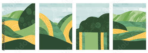 Abstract green collage background vector illustration of field, farm, rice plant. Simple, eco-friendly design with organic texture. Vintage style, modern pattern, minimalist landscape, cover, eco set
