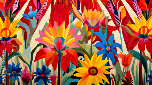 A field of abstract Otomi flowers in shades of red, yellow, and blue, with trailing green vines and symmetrical layouts