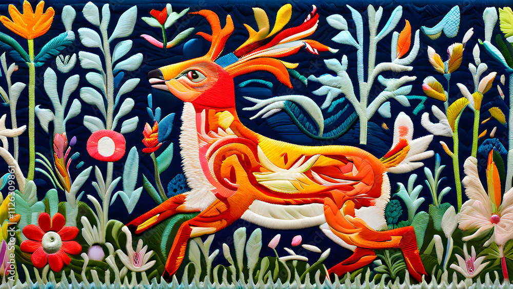Obraz premium An Otomi-inspired tapestry brought to life, with embroidered animals leaping off the fabric into a lively meadow