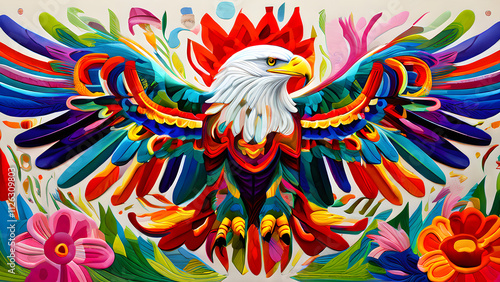 A vibrant eagle mid-flight, crafted in an Otomi embroidery style, with flowers and abstract shapes surrounding its wings