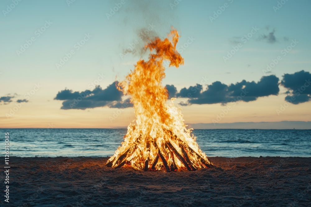 Naklejka premium A vibrant bonfire on the beach at dusk, with flames dancing against the serene ocean and colorful sky.
