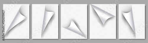 Vector illustration. Turning page set overlay on A4 page size. Realistic templates with shadows for glossy business paper design. Design elements for presentations, covers, branding, and layouts