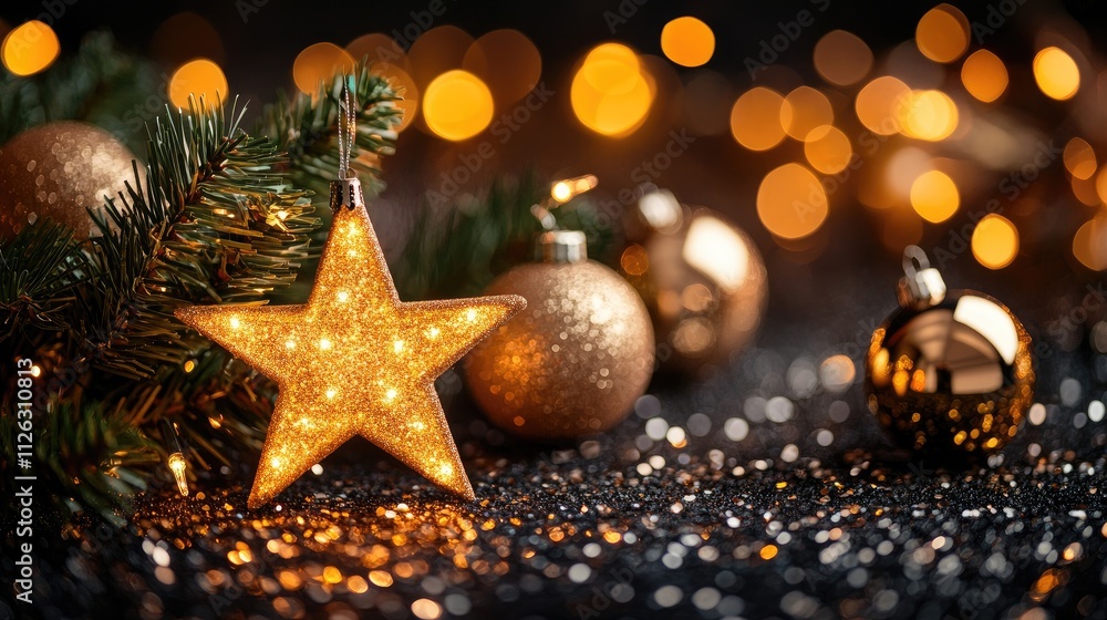 Golden stars twinkle and fall, their light blending with glowing bokeh orbs to create a warm, festive ambiance on a black background. Golden stars twinkle and fall, their light blending with glowing bokeh orbs to create a warm, festive ambiance on a black background.