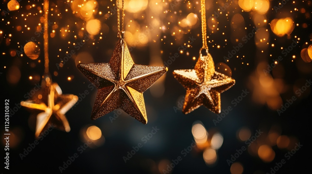 Golden stars twinkle and fall, their light blending with glowing bokeh orbs to create a warm, festive ambiance on a black background. Golden stars twinkle and fall, their light blending with glowing bokeh orbs to create a warm, festive ambiance on a black background.