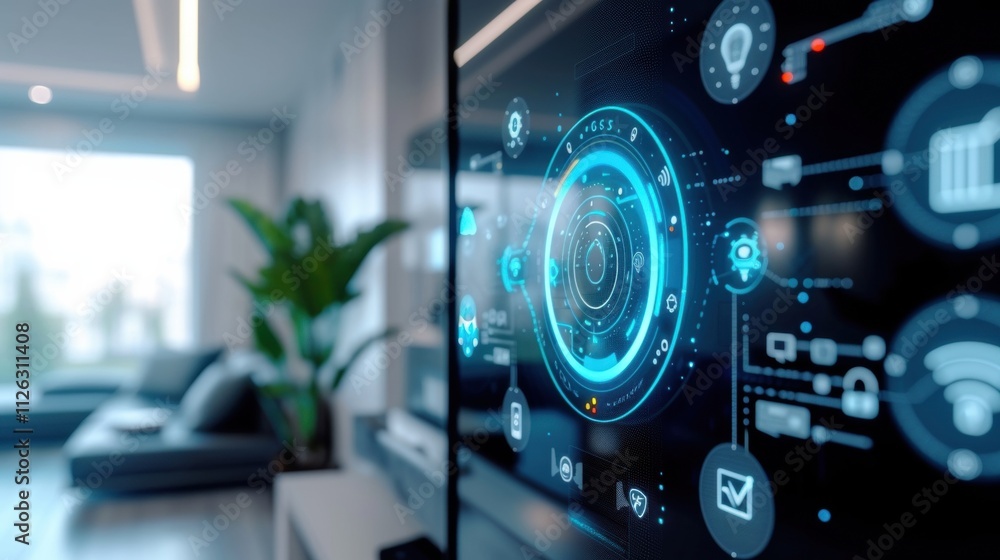 Naklejka premium A closeup of a smart home hub with various IoT devices such as lights thermostat and security cameras connected and controlled through the hub. With 5G integration homeowners