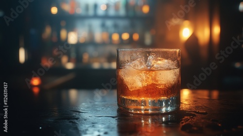 A close-up of a glass of iced whiskey with condensation on digital