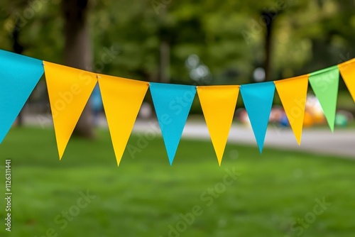 Colorful triangular bunting flags in yellow, turquoise, and green hang above a grassy area, creating a festive atmosphere in a park.