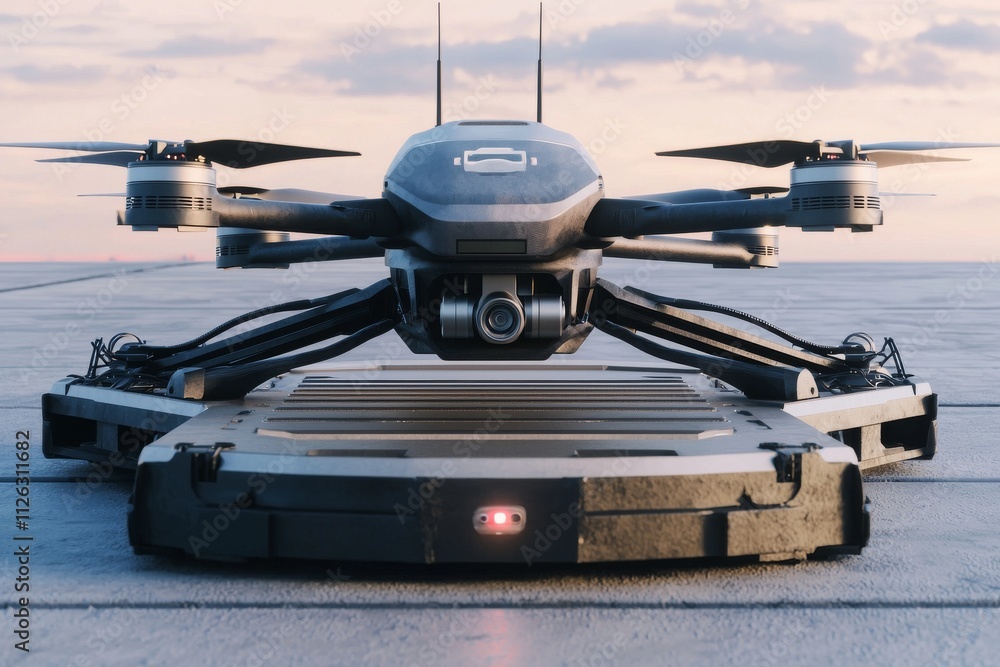 A sleek, futuristic drone poised for takeoff on a launchpad at sunset, showcasing intricate design details. A sleek, futuristic drone poised for takeoff on a launchpad at sunset, showcasing intricate design details.