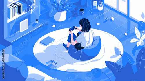 Woman is sitting on a blue bean bag chair in a room. She is playing a video game