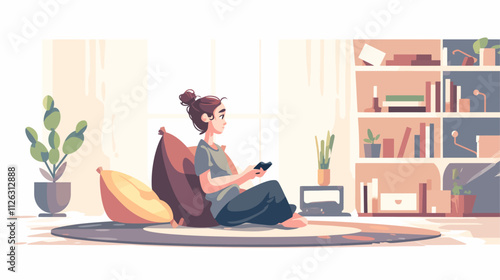 Woman is sitting on a rug in a living room. She is holding a remote control in her hand photo