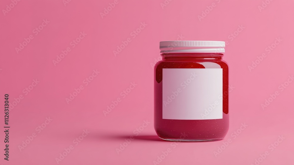 Mockup of a raspberry jam jar with a blank white label, centered against a bold pink backdrop, ready for branding and packaging design. Mockup of a raspberry jam jar with a blank white label, centered against a bold pink backdrop, ready for branding and packaging design.