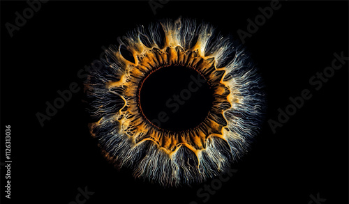 Close up of an eye with a dark background. The eye is surrounded by a yellowish-orange rim
