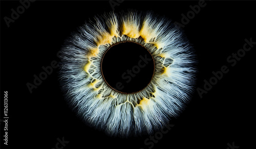 Close up of a person's eye with a yellowish tint. The eye is surrounded by a black background