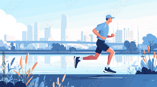 Man is running in a park. The park is near a river. The man is wearing a blue shirt and shorts