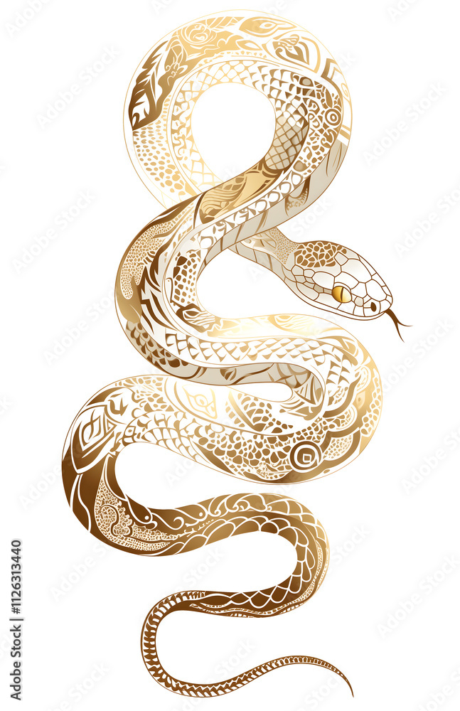 Chinese white snake with golden patterned skin. Chinese New Year 2025 zodiac sign. Isolated clipart Chinese white snake with golden patterned skin. Chinese New Year 2025 zodiac sign. Isolated clipart