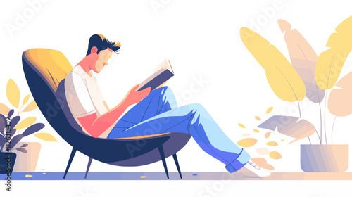 Man is sitting in a chair reading a book. The chair is black and the man is wearing a white shirt
