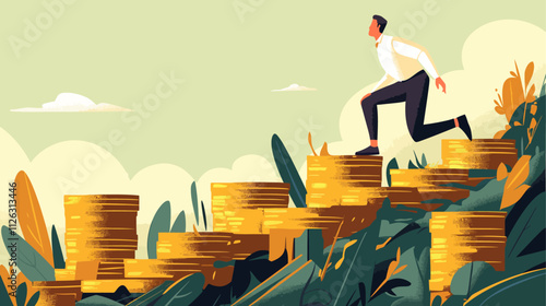 Man is running up a hill with stacks of gold coins. The coins are piled up in a row