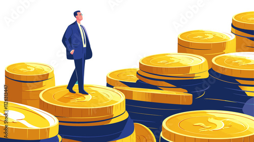 Man is standing on top of a pile of gold coins. The coins are stacked in a pyramid shape