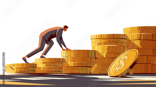 Man is climbing a pile of coins. The pile is made up of pennies, nickels, dimes, and quarters