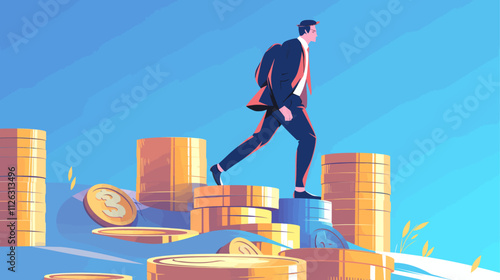 Man is walking on a pile of coins. The coins are stacked in a pyramid shape. The man is wearing a suit and tie
