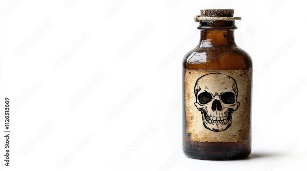 Old-fashioned glass poison bottle with a faded skull label, dark brown tint, isolated on a stark white background, evoking a sense of danger and history. Old-fashioned glass poison bottle with a faded skull label, dark brown tint, isolated on a stark white background, evoking a sense of danger and history.