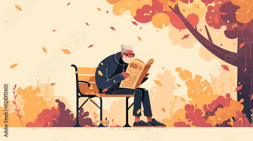 An older man is sitting on a bench reading a newspaper. The bench is located in a park with trees and leaves