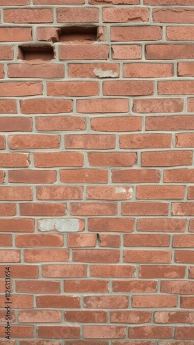 Weathered red brick wall with cracks and missing mortar, giving a rustic and aged look, red