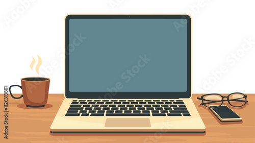 Laptop is open on a desk with a cup of coffee next to it. The laptop screen is blank