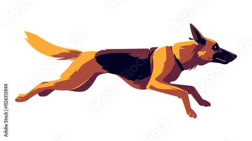 Dog is running on a white background. The dog is brown and black. The dog is running with its tail up