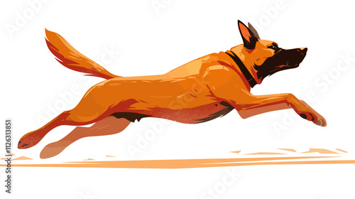 Dog is running on a white background. The dog is brown and has a black nose. The dog is running with its tail up