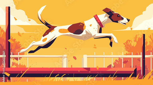 Dog is jumping over a fence. The dog is brown and white