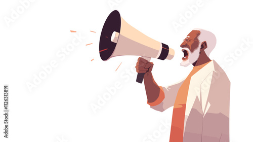 Man is holding a microphone and yelling into it. The microphone is large and the man is wearing a white shirt