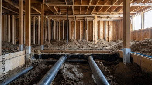 Plumbing pipes laid beneath a house foundation in a basement, with the surrounding earth dug out, revealing ongoing construction work.