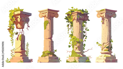 Four pillars with vines growing on them. One is leaning over. The other three are upright