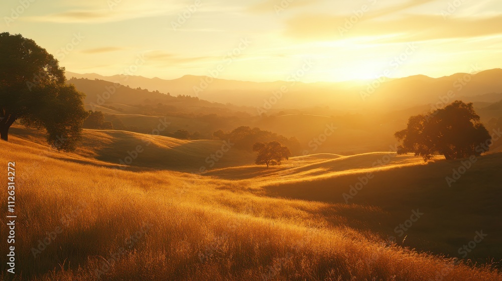 A sweeping landscape shot of rolling hills at sunset, with digital A sweeping landscape shot of rolling hills at sunset, with digital