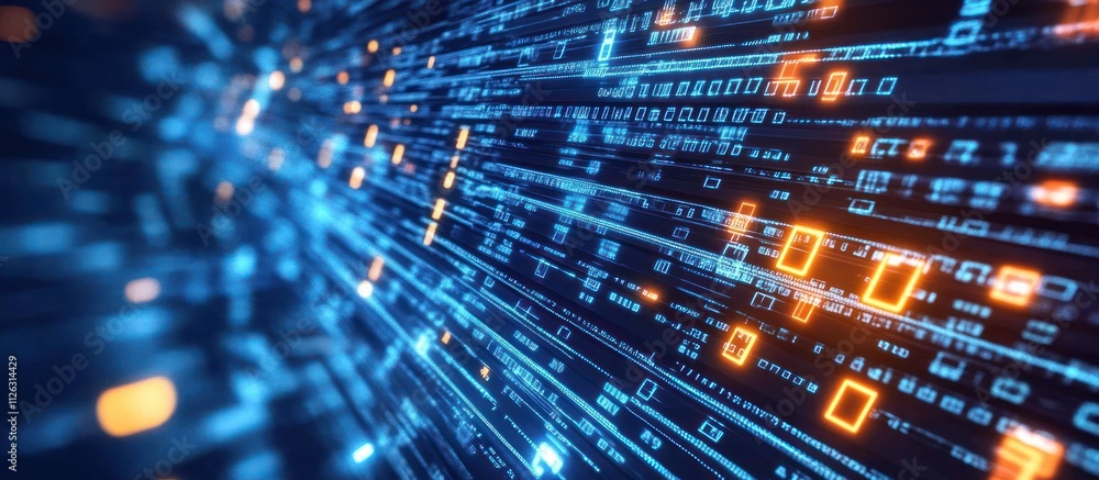 Abstract representation of digital data with flowing binary code, glowing light lines illuminating a deep, dark tech atmosphere Abstract representation of digital data with flowing binary code, glowing light lines illuminating a deep, dark tech atmosphere