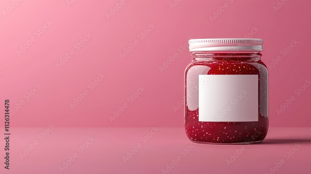 Professional mockup of raspberry jam in a glass jar with a blank white label, perfectly centered on a vibrant pink background, ready for branding. Professional mockup of raspberry jam in a glass jar with a blank white label, perfectly centered on a vibrant pink background, ready for branding.